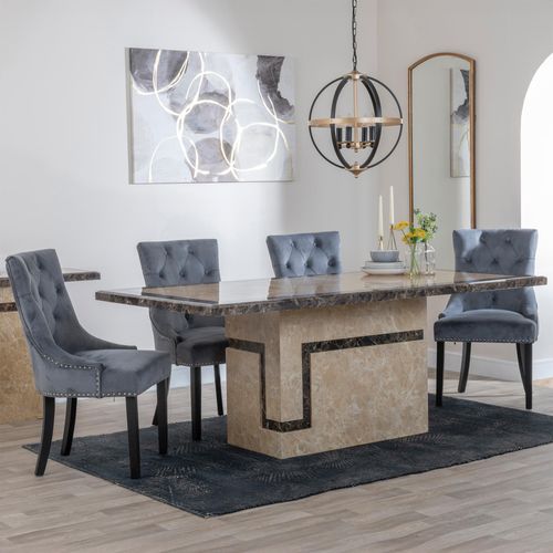 Venice Cream Marble Dining Set - Knocker Back Grey Velvet Fabric Dining Chair with Black Wooden Legs