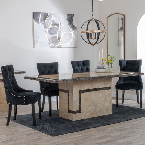 Venice Cream Marble Dining Set - Lion Knocker Back Black Velvet Fabric Dining Chair with Black Wooden Legs
