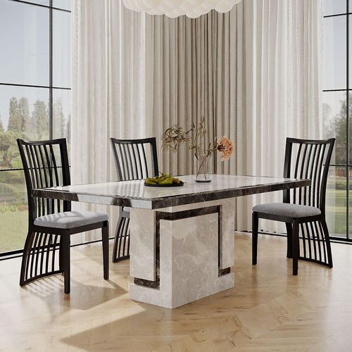 Venice Grey Marble Dining Set - Athena Black High Gloss Slatted Back Dining Chair with Grey Seat Pads