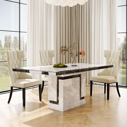 Venice Grey Marble Dining Set - Mimi Cream Leather Dining Chair