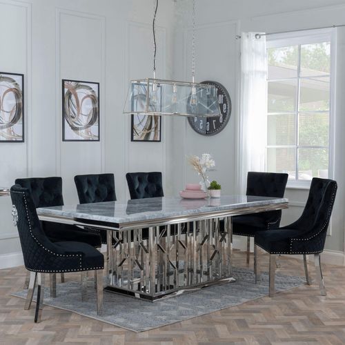 Vortex Grey Marble and Chrome Dining Set - Lion Knocker Back Black Velvet Fabric Dining Chair with Chrome Legs