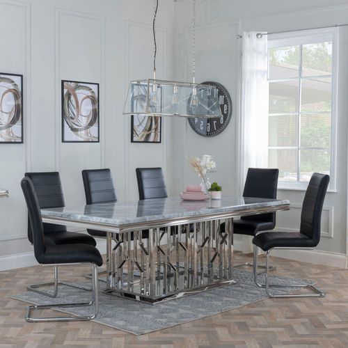 Vortex Grey Marble and Chrome Dining Set - Roma Black Faux Leather Dining Chair