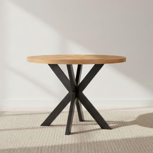 Viento Oak 4 Seater Sunburst Round Dining Table with Black Spider Legs - 110cm