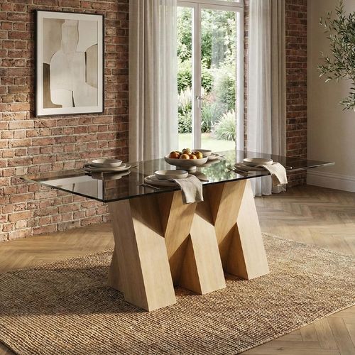 Newton Dining Table - 6 Seater - 180cm - Smoked Glass and Oak
