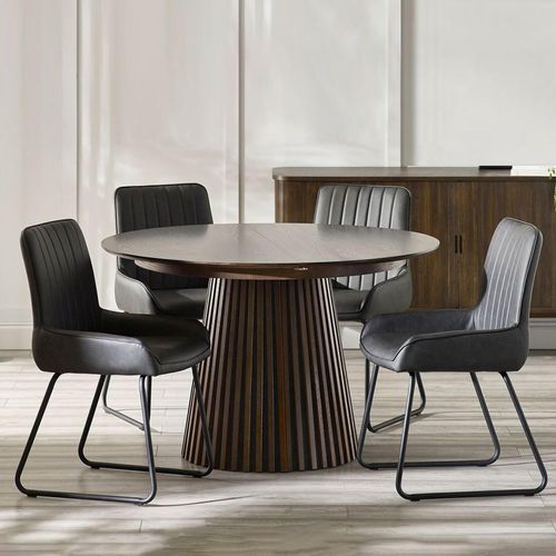 Arya Dark Oak Slatted Round Extending Dining Table - 120cm-200cm - 4-8 Seater