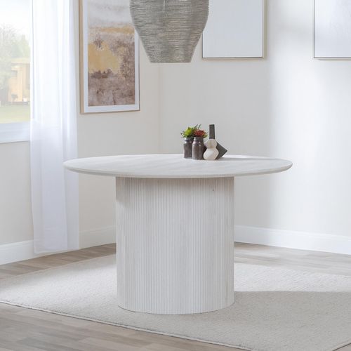 Bern Fluted 4 Seater White Washed Oak Effect Round Dining Table with Drum Base - 120cm