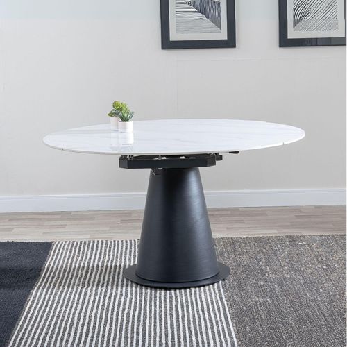 Carrara 4-6 Seater White Ceramic Round Swivel Motion Extending Dining Table with Black Pedestal Base - 135cm