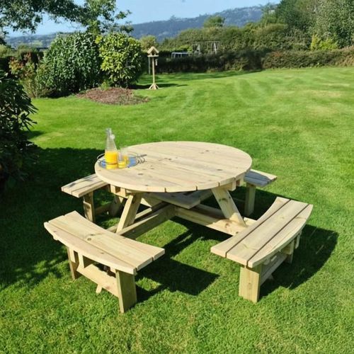 Churnet Valley Westwood Round Garden Picnic Table Set with 4 Benches