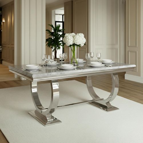 Glacier 6 Seater Grey Marble and Chrome Dining Table - Sizes Available