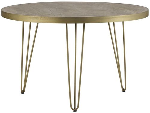Kaza Light Mango Wood 4 Seater Round Dining Table - Hairpin Legs with Gold Geometric Inlay