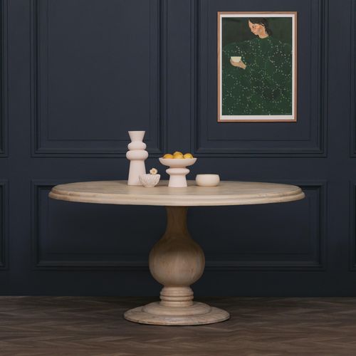 Linda Grey Washed Mango Wood Pedestal Dining Table - Round - 6 Seater - 152cm