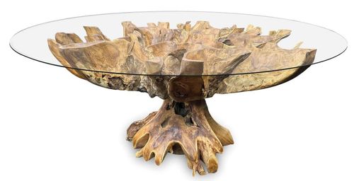 Lombok 8 Seater Teak Root and Glass Round Dining Table - 180cm