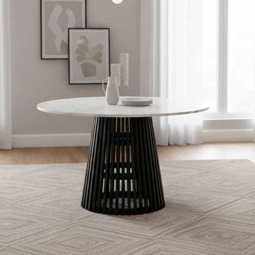 Soho Black Round Dining Table - Slatted Base - 4 Seater - 120cm - White Marble Top