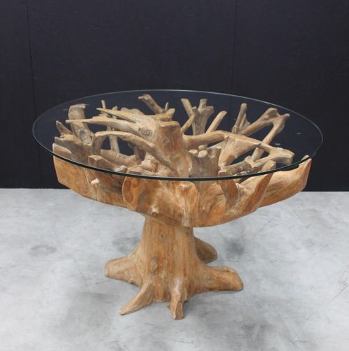 Tree Root Glass Top 110cm Round Dining Table