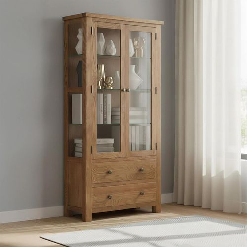 Original Display Cabinet - 2 Door 2 Drawer Glazed - Rustic Oak