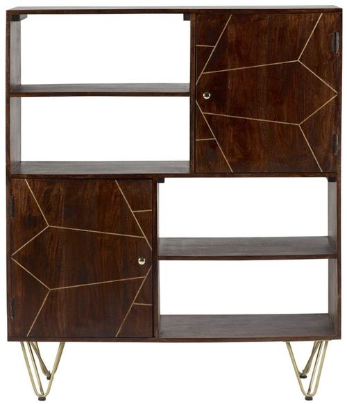 Kaza Dark Mango Wood Display Cabinet - Hairpin Legs with Gold Geometric Inlay