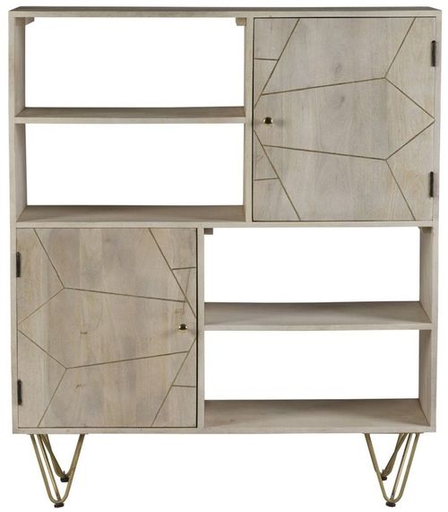 Kaza Light Mango Wood Display Cabinet - Hairpin Legs with Gold Geometric Inlay