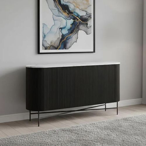 Clearance - Lucas Black Sideboard - 2 Door - 150cm - Medium - Fluted Curved - White Marble Top - FSS16584