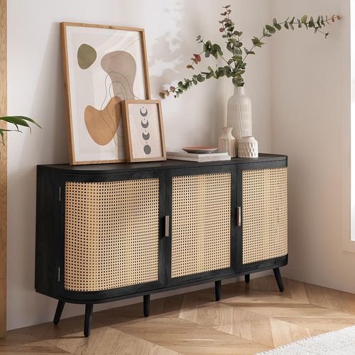 Noah Medium Sideboard - 150cm - 3 Door - Black and Rattan