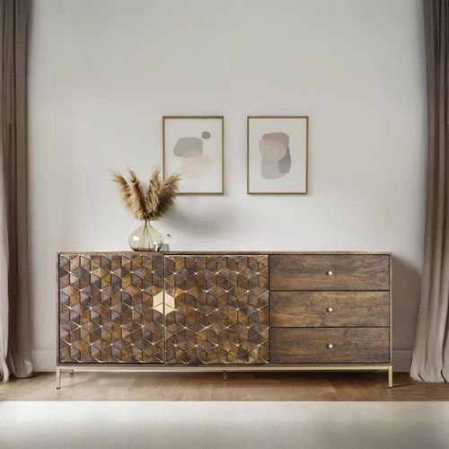 Caltan Sideboard - 2 Door - Extra Large - 190cm - Walnut Mango Wood and Gold - Geometric