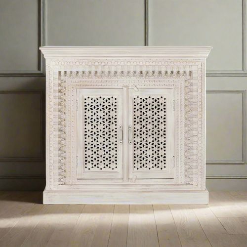 Lomax Sideboard - White Carved Mango Wood - 2 Door - Small - 110cm