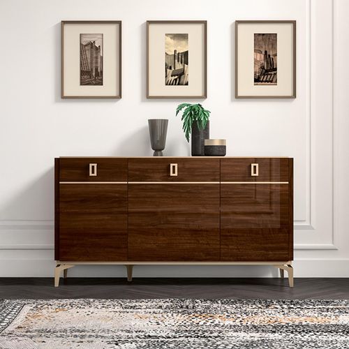 Modern Eva Medium Buffet Sideboard - 3 Doors - Walnut with Gold Trim
