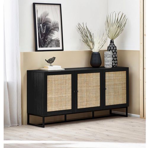 Padstow Large Sideboard - 160cm - 3 Doors - Black and Rattan