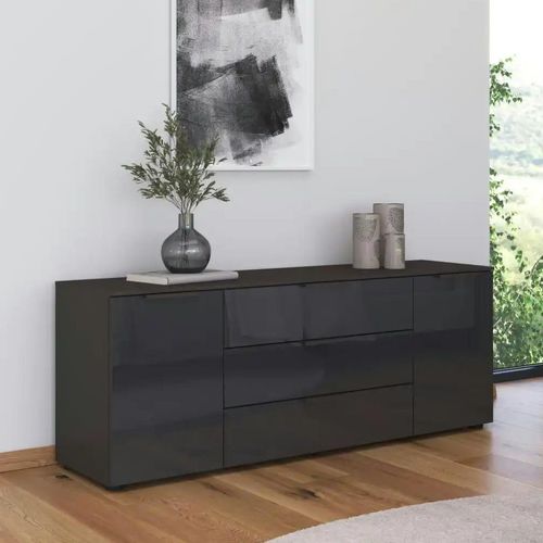 Rauch Flipp 2 Door Low Sideboard with Adjustable Height - 160cm - Graphite and Basalt Glass