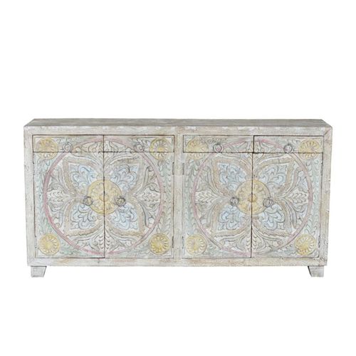 Ravanik Sideboard - Carved White Mango Wood - 4 Door - Extra Large - 180cm