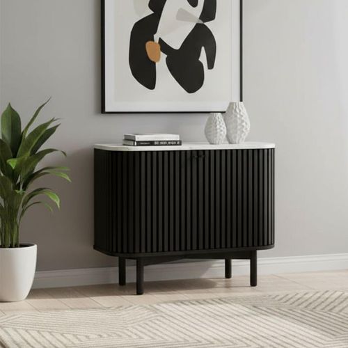 Soho Black Sideboard - 2 Door - Slatted Small - 93cm - White Marble Top