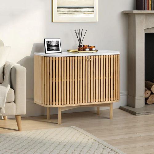 Soho Oak Small Sideboard - 2 Door - Slatted - White Marble Top