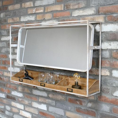 Mirror - Wood and White Metal - Wide - with Shelves