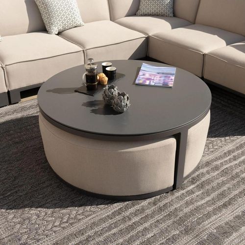 Garden Coffee Table - Round - Aluminium - Oatmeal - with Footstools