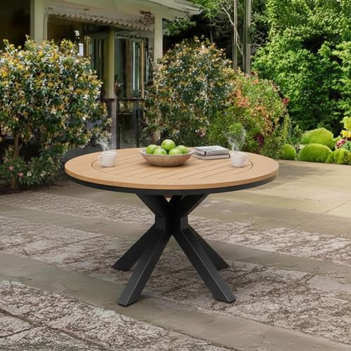Tuscany Garden Round Dining Table - 4 Seater - 120cm - Teak Wood - Black Cross Leg