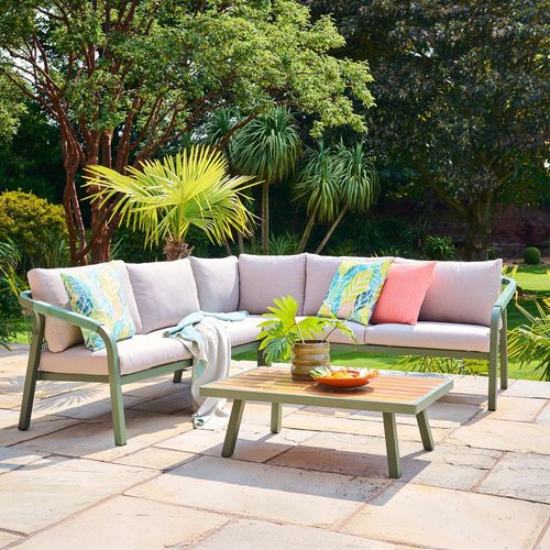 Genoa Garden Corner Lounge Set - 5 Seater - with Coffee Table - Olive Green and Timber Wood