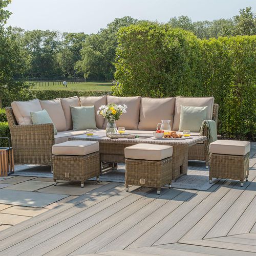 Winchester Corner Garden Dining Set - Rising Table - Ice Bucket - Ceramic Top - Natural Rattan