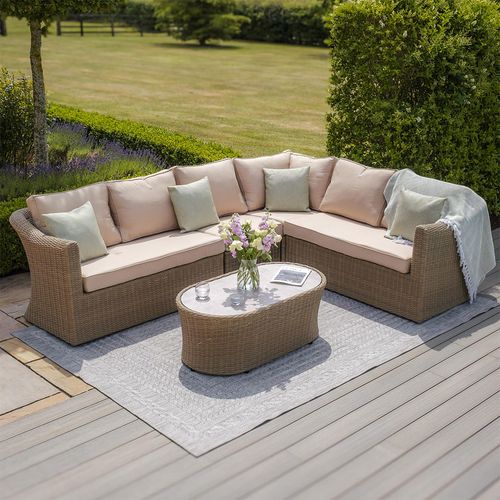 Winchester Large Corner Garden Sofa Set - Coffee Table - Ceramic Top - Natural Rattan