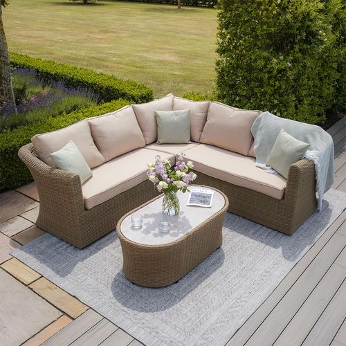 Winchester Small Corner Garden Sofa Set - Coffee Table - Ceramic Top - Natural Rattan