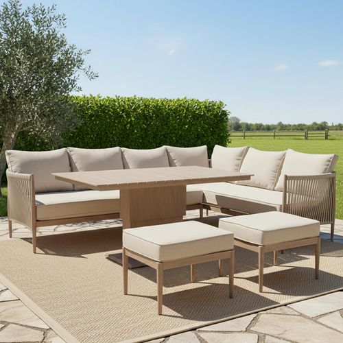 Havana Large Corner Garden Dining Set - Rising Table - Natural Linen