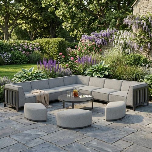 Ibiza Large Corner Garden Sofa Set - with Footstool - Coffee Table - Ceramic Top - Zinc Grey