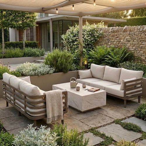 Metro Garden Sofa Set - 6 Seater - Coffee Table - Sintered Stone Top - Cafe