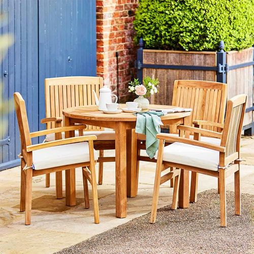 Churn Outdoor Teak Table 100cm and 4 Henley Stacking Chairs