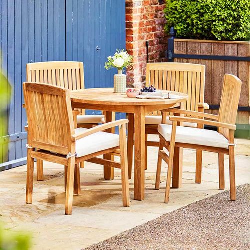 Churn Outdoor Teak Table 120cm and 4 Henley Stacking Chairs