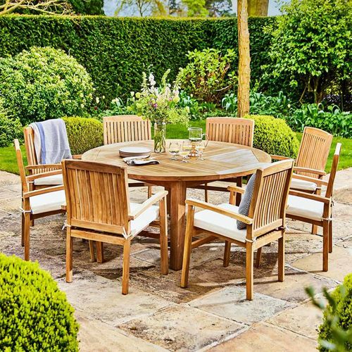 Churn Outdoor Teak Table 160cm and 8 Henley Stacking Chairs