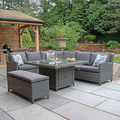 Paris Garden Corner Dining Set - 8 Seater - Square Fire Pit Table - Grey - Rattan