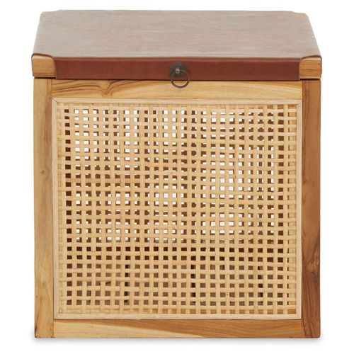 Kendari Storage Box - Brown Leather with Rattan and Teak Wood