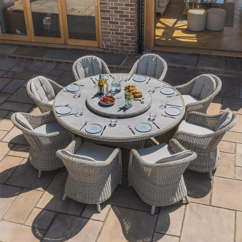 Oxford Heritage Round Garden Dining Set - 8 Seater - 180cm - Lazy Susan & Ice Bucket - Ceramic Top - Grey Rattan