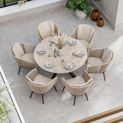 Bali Dining Set - 6 Seater - 150cm - Round - Ceramic Top - 6 Rope Chairs