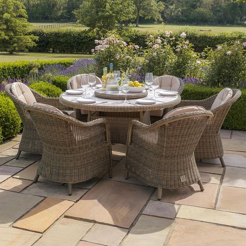 Winchester Round Garden Dining Set - 6 Seater - 150cm - Lazy Susan - Ceramic Top - Natural Rattan