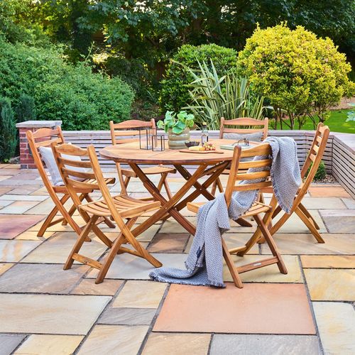 Redcliffe Garden Round Dining Set - 6 Seater - 140cm - Folding - Acacia Wood - 6 Folding Carver Dining Chair